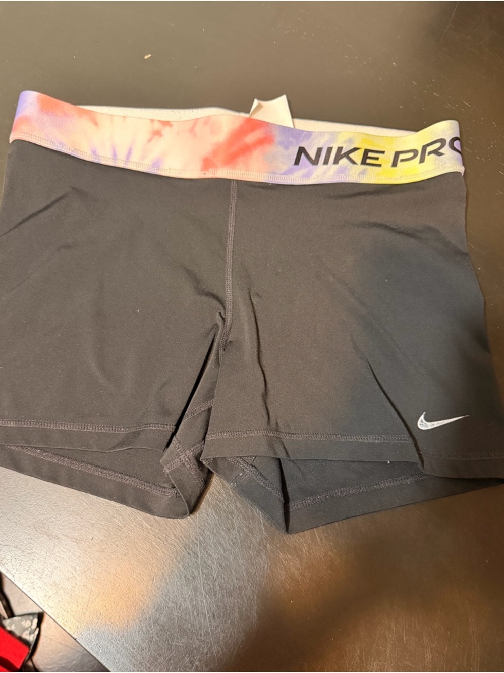 Nike Black Women's Pro Bike Shorts with Multicolor Tie-Dye Waistband